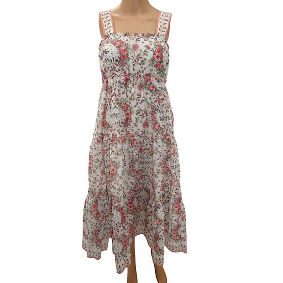 NWT Boho Floral White Cotton Midi Dress Cottagecore Linen Look Sundress Size S - Picture 1 of 12